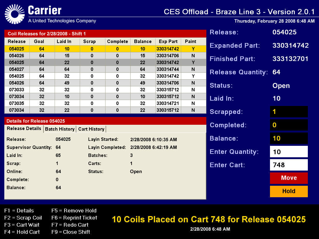 Carrier Manufacturing Control application interface