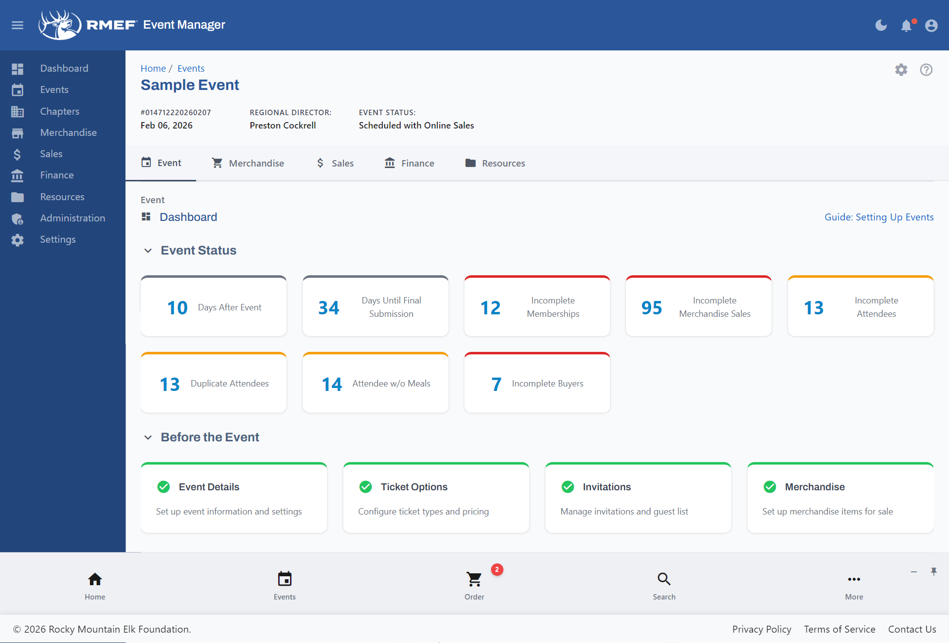 Event Manager application interface