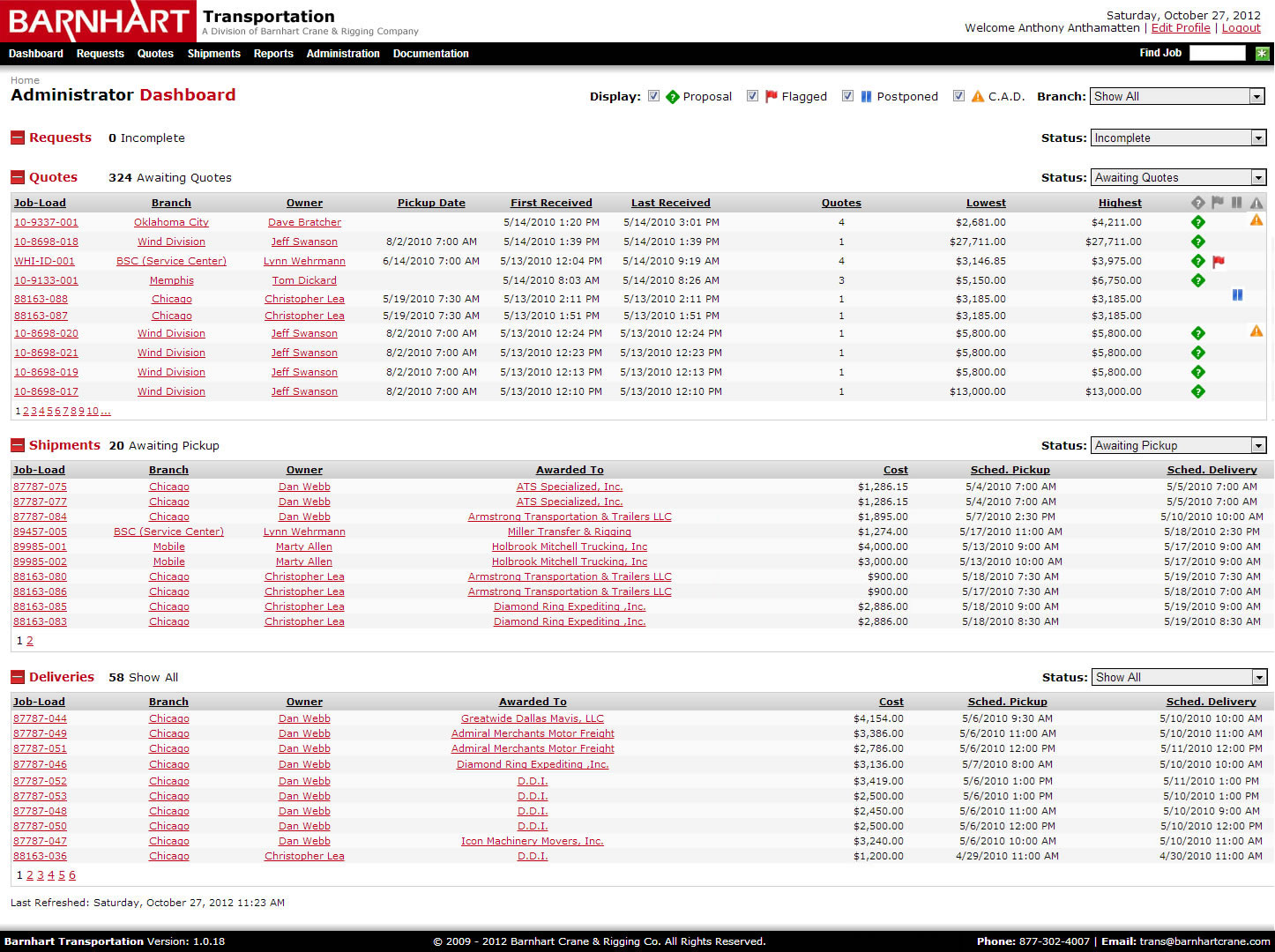 Transportation Logistics application interface