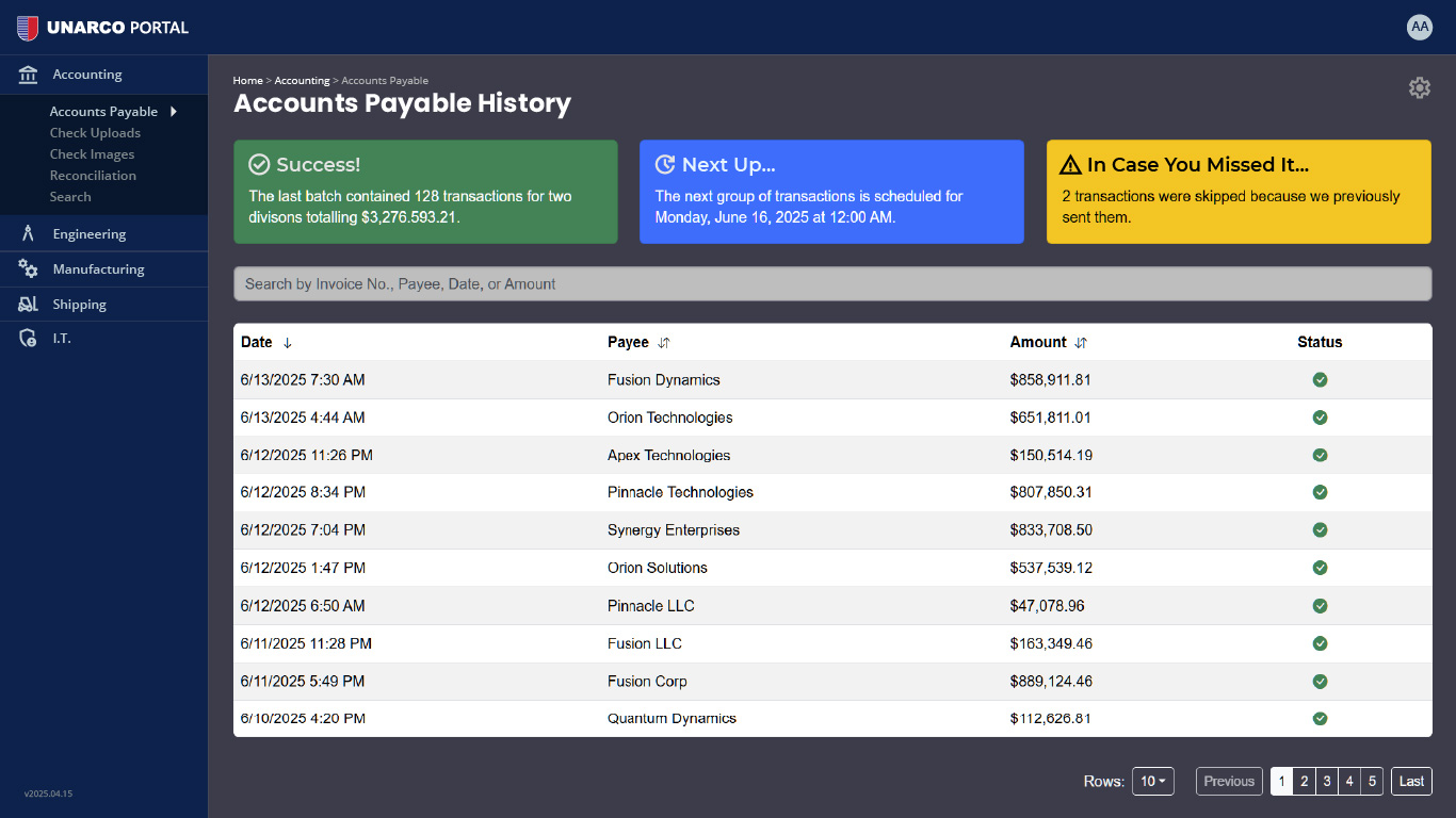 Unarco Application Portal application interface
